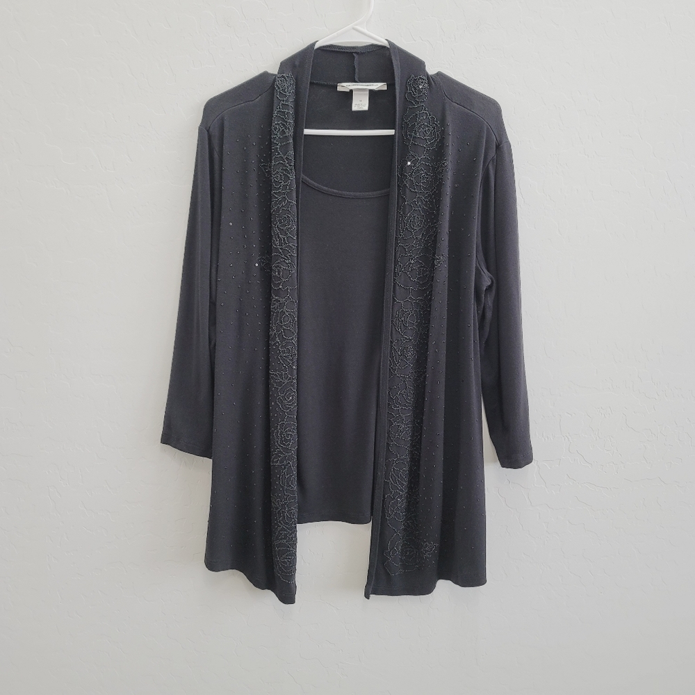 Christopher Banks Black Blouse Top with Faux Cardigan Women's Size Medium - Picture 13 of 13